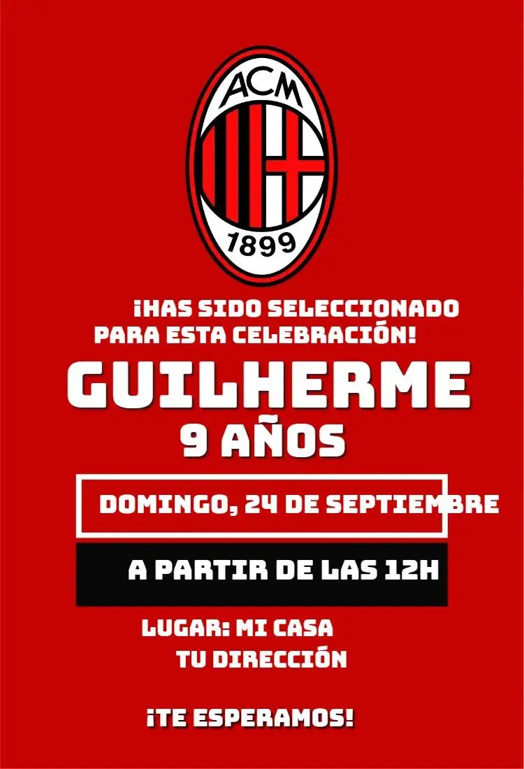 Invitación Milán 3 – tema Cumpleaños fútbol, colorido, moderno, juvenil, divertido