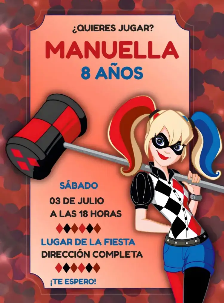 Invitación Arlequina Escuadrón Suicida Blanco – tema Cumpleaños Infantil colores vibrantes, estilo pop art, elementos gráficos de superhéroes, diseño divertido, temática de cómics