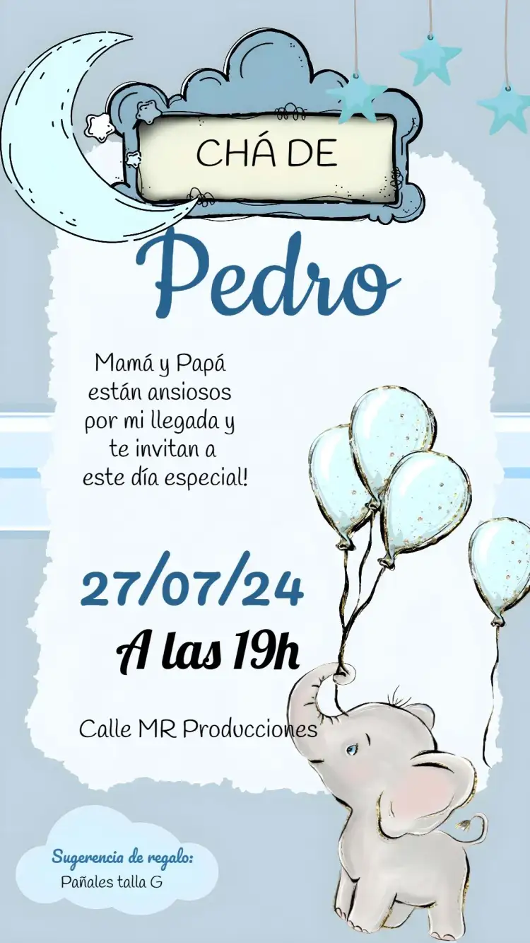 Invitación Baby Shower Elefantito Bebé – tema Baby Shower azul, elefante, globos, purpurina, infantil