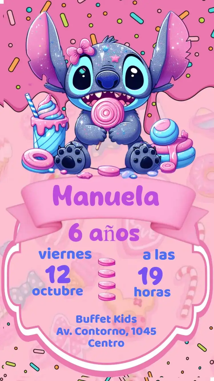 Invitación Stitch – tema Cumpleaños Infantil colorido, lúdico, divertido, temático, infantil, tropical