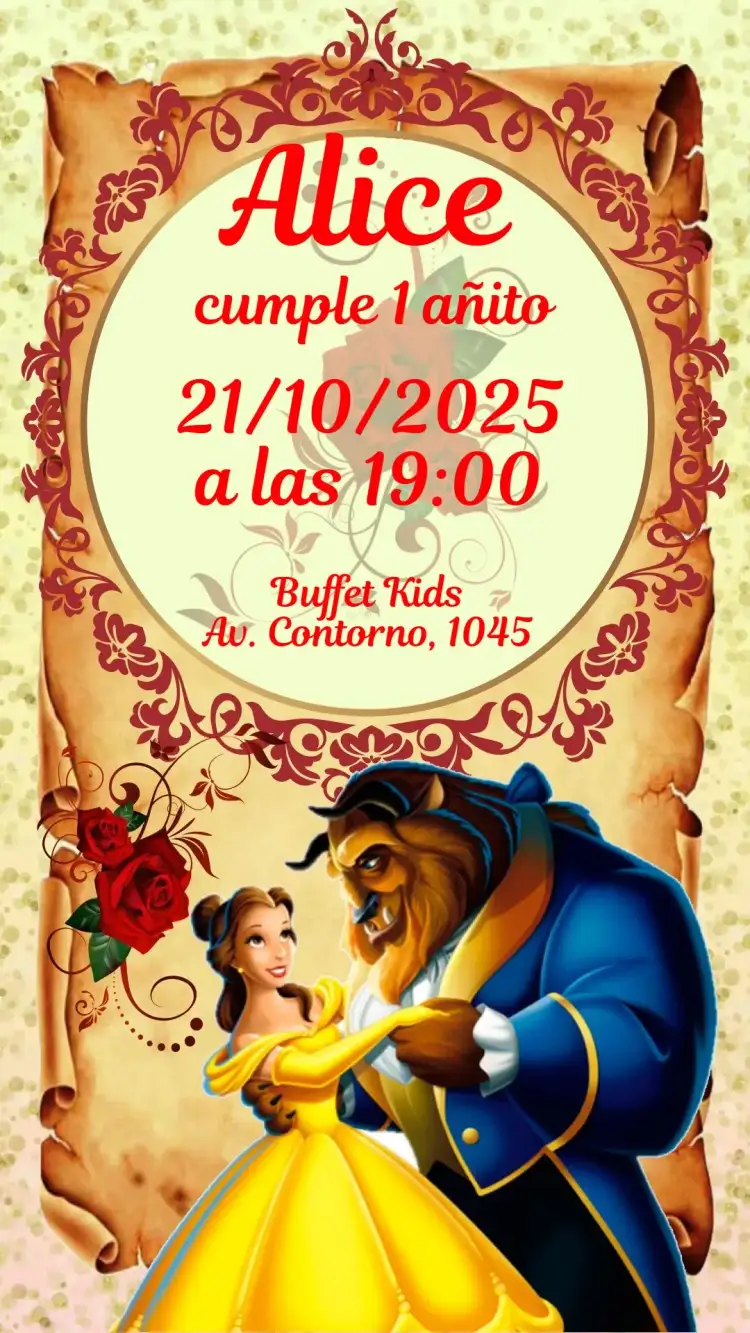 Invitación La Bella y la Bestia – tema Cumpleaños Infantil colores vibrantes, ilustraciones encantadoras, estilo Disney, diseño mágico, elementos de cuento de hadas