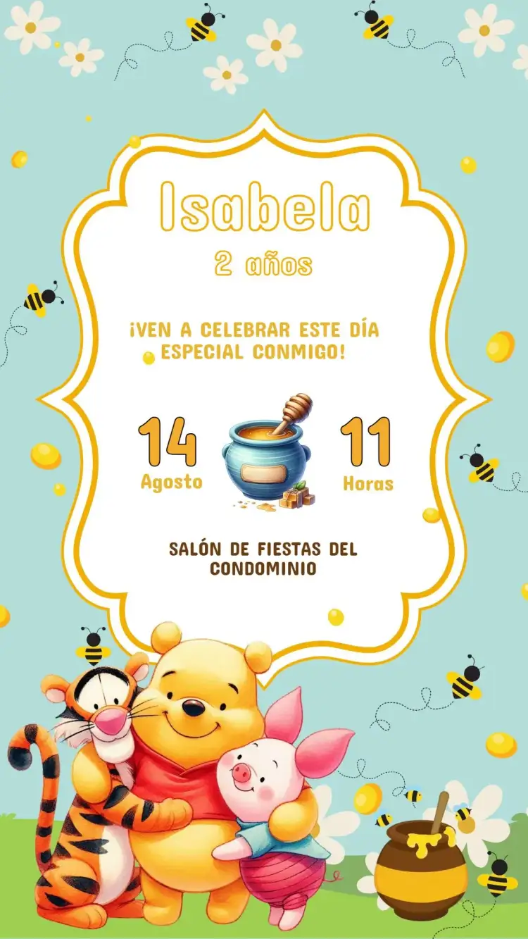 Invitación Invitación Cumpleaños Winnie the Pooh – tema Cumpleaños Infantil colorido, infantil, ilustraciones lúdicas, estilo cartoon, tema de bosque, divertido
