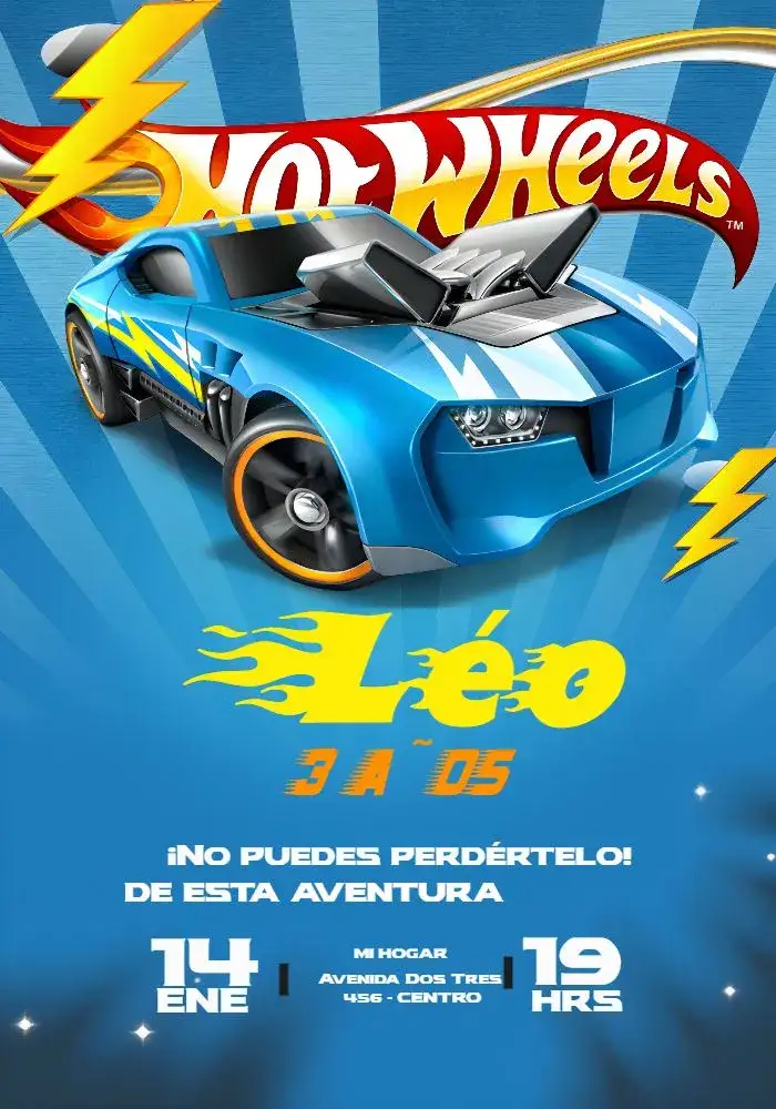 Invitación Hotwheels Infantil – tema Más buscados colorido, divertido, moderno, temático, jovial, dinámico