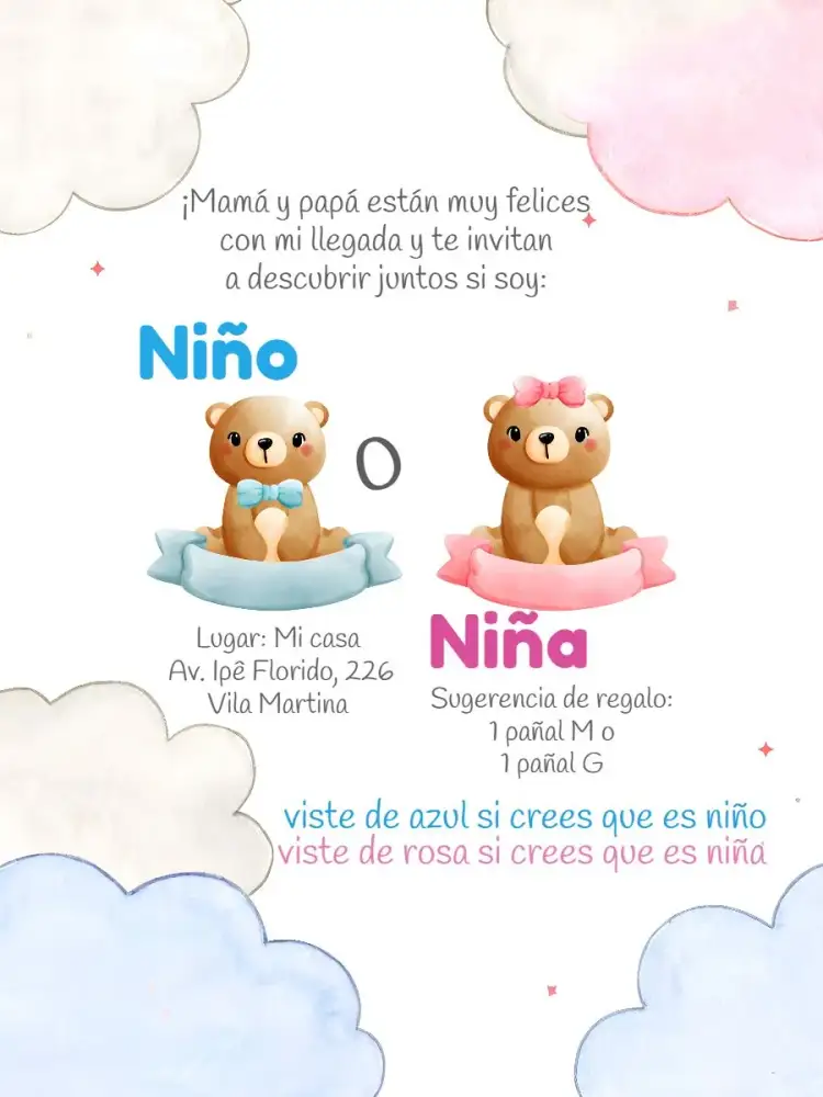 Invitación Chá de Revelación Ositos Niña – tema Revelación Bebé colores suaves, estilo lúdico, elementos gráficos de ositos, rosa y blanco, diseño moderno, tema de bebé