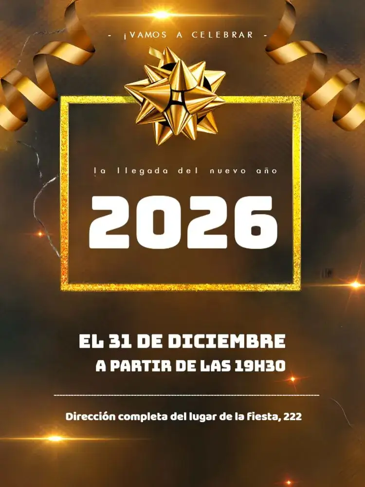 Invitación Víspera de Año Nuevo Reveillon – tema Fechas Conmemorativas dorado, modernos, festivo, blanco y azul, minimalista, colorido