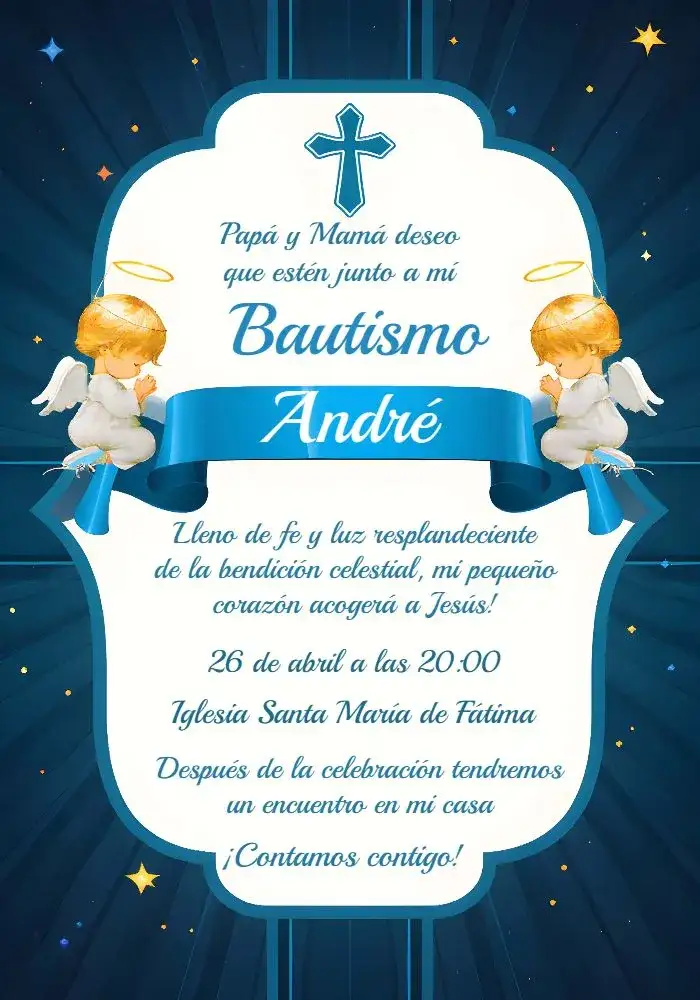 Invitación Bautizo De Niño Banda – tema Bautismo azul, blanco, dorado, ángeles, minimalista, elegante