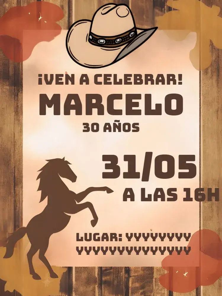 Invitación Caballo Cowboy Madera – tema Cumpleaños rústico, campestre, madera, caballo, vaquero