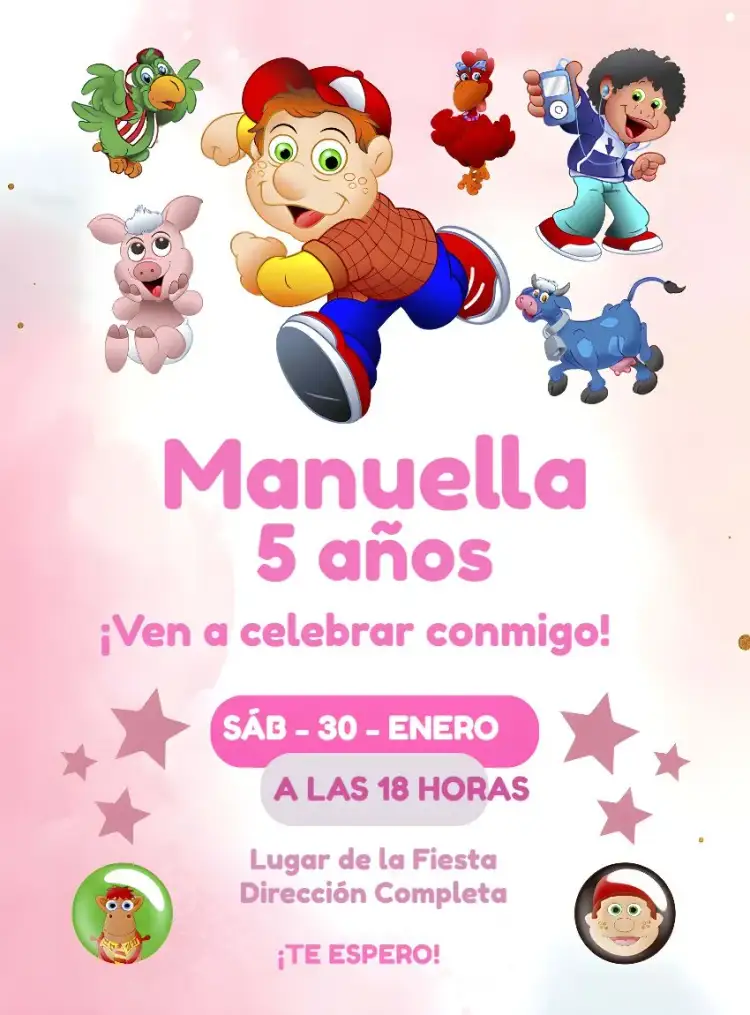 Invitación Cocoricó Chica – tema Cumpleaños Infantil rosa, blanco, rural, colorido, divertido, infantil