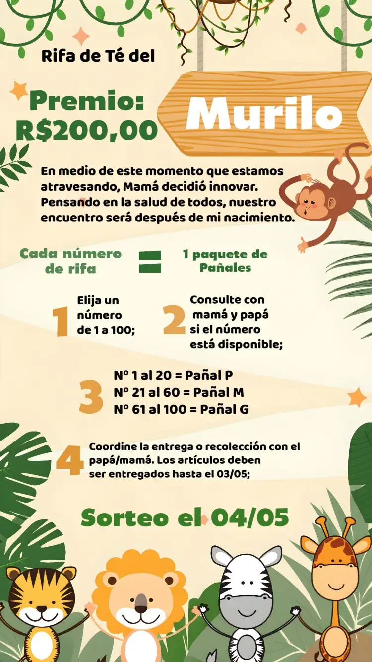 Invitación Baby Shower Safari Raffle – tema Té Rifa safari, selva, animales, colores neutros, divertido, tropical