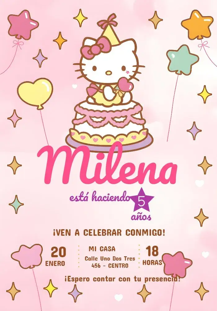 Invitación Hello Kitty – tema Más buscados rosa, femenino, lúdico, colorido, divertido, infantil