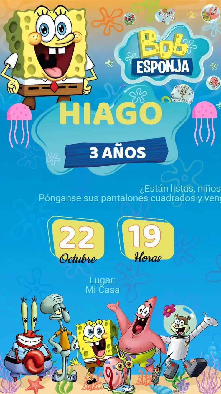 Invitación Invitación Cumpleaños Bob Esponja – tema Cumpleaños Infantil colores vibrantes, estilo de dibujos animados, elementos marinos, tema de caricaturas, diseño divertido, ilustraciones coloridas
