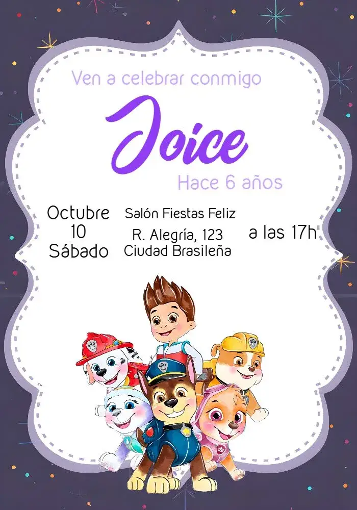Invitación Patrulla Canina Lila – tema Cumpleaños Infantil lila, púrpura, acuarela, divertido, infantil, temático