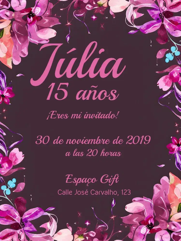 Invitación Floral 15 Años - Negro Y Rosa Arco