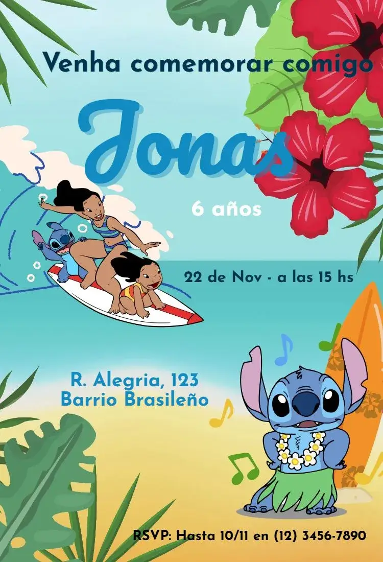 Invitación Stitch Turma en la Playa