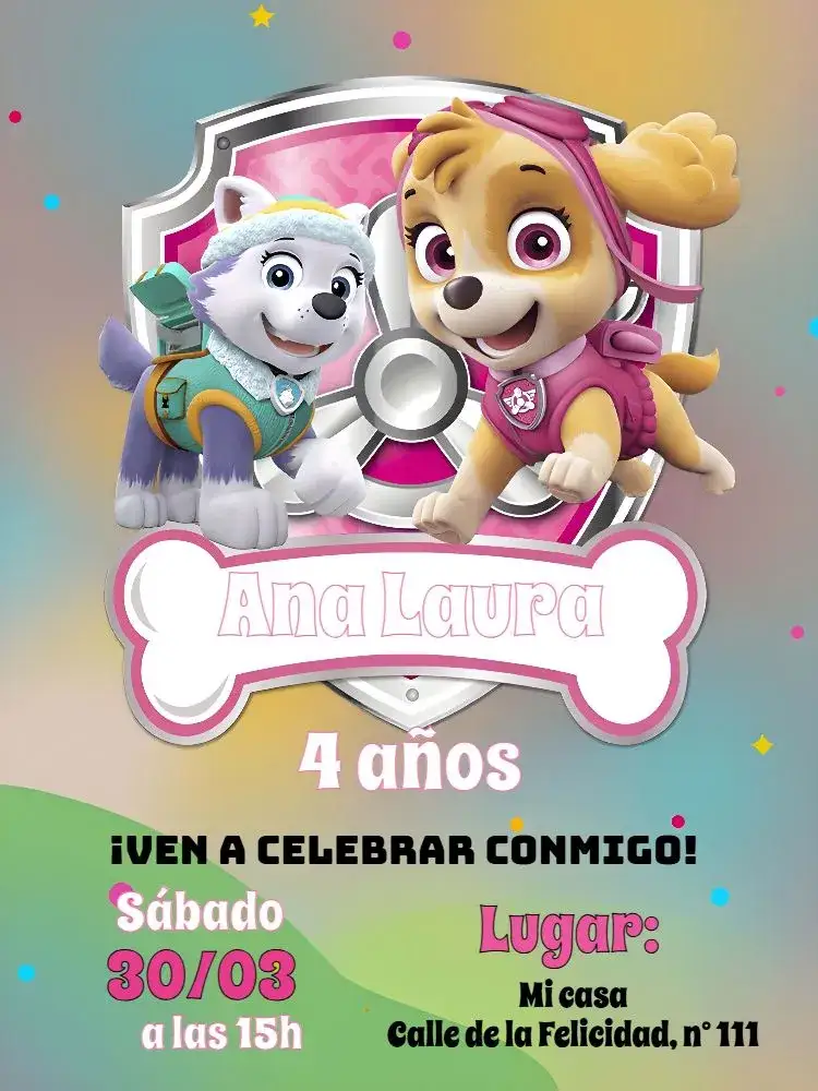 Invitación Patrulla Canina Skye Rosa – tema Cumpleaños Infantil colores vibrantes, estilo animado, elementos gráficos de perro, tema de aventura, diseño lúdico