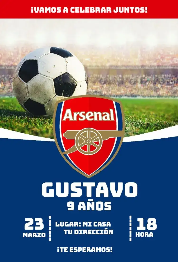 Invitación Arsenal 2 – tema Cumpleaños fútbol, moderno, vibrante, deportivo, colorido, juvenil