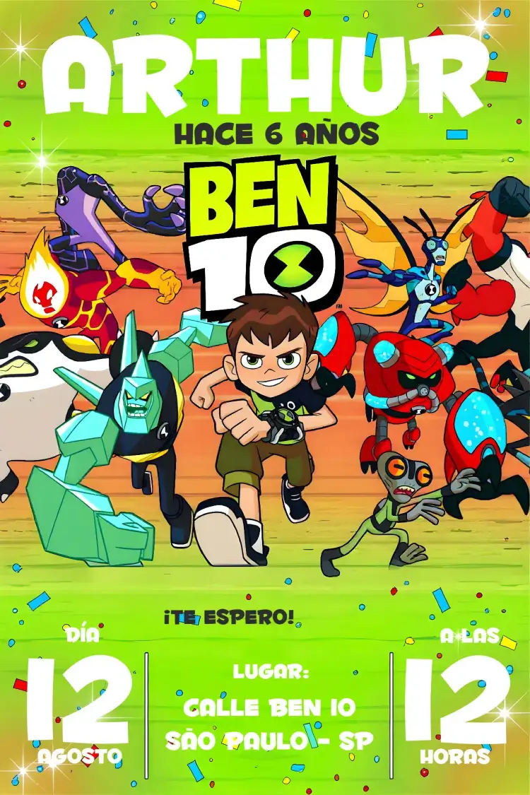 Invitación Ben 10 Verde – tema Cumpleaños Infantil verde, negro, temática de superhéroe, aventurero, divertido, colorido