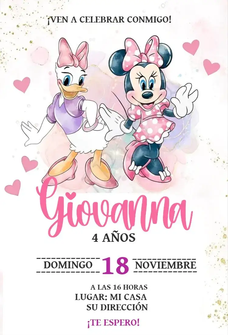 Invitación Minnie y Margarita Acuarela – tema Tarjeta acuarela, infantil, colores suaves, temática de personajes, festivo, colorido