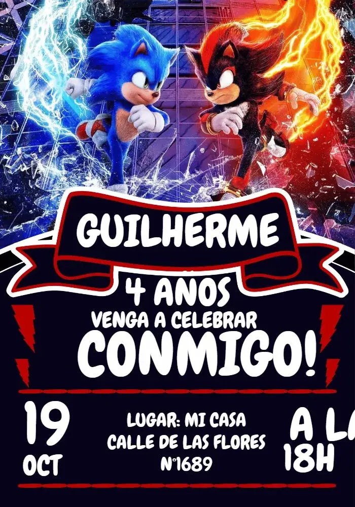 Invitación Sonic Y Shadow Infantil