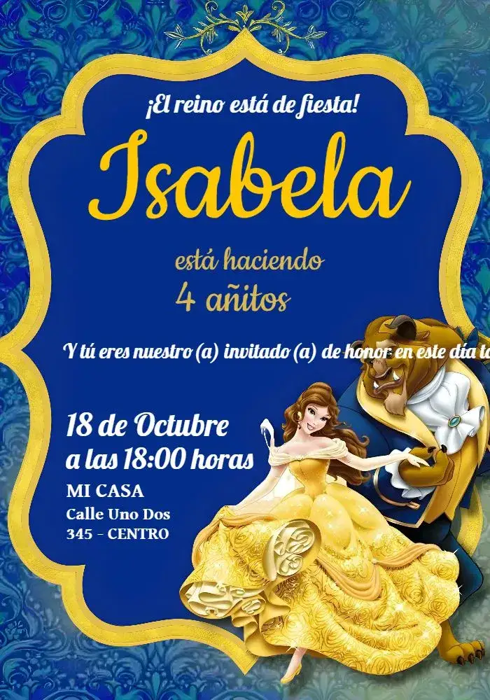 Invitación La Bella y la Bestia de Disney – tema Más buscados colores vibrantes, estilo de cuento de hadas, elementos gráficos de Disney, tema romántico, diseño lúdico, ilustraciones encantadoras
