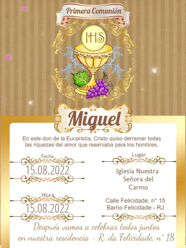 Invitación Primera Comunión Dorado – tema Primera Comunión dorado, clásico, elegante, minimalista, religioso, infantil