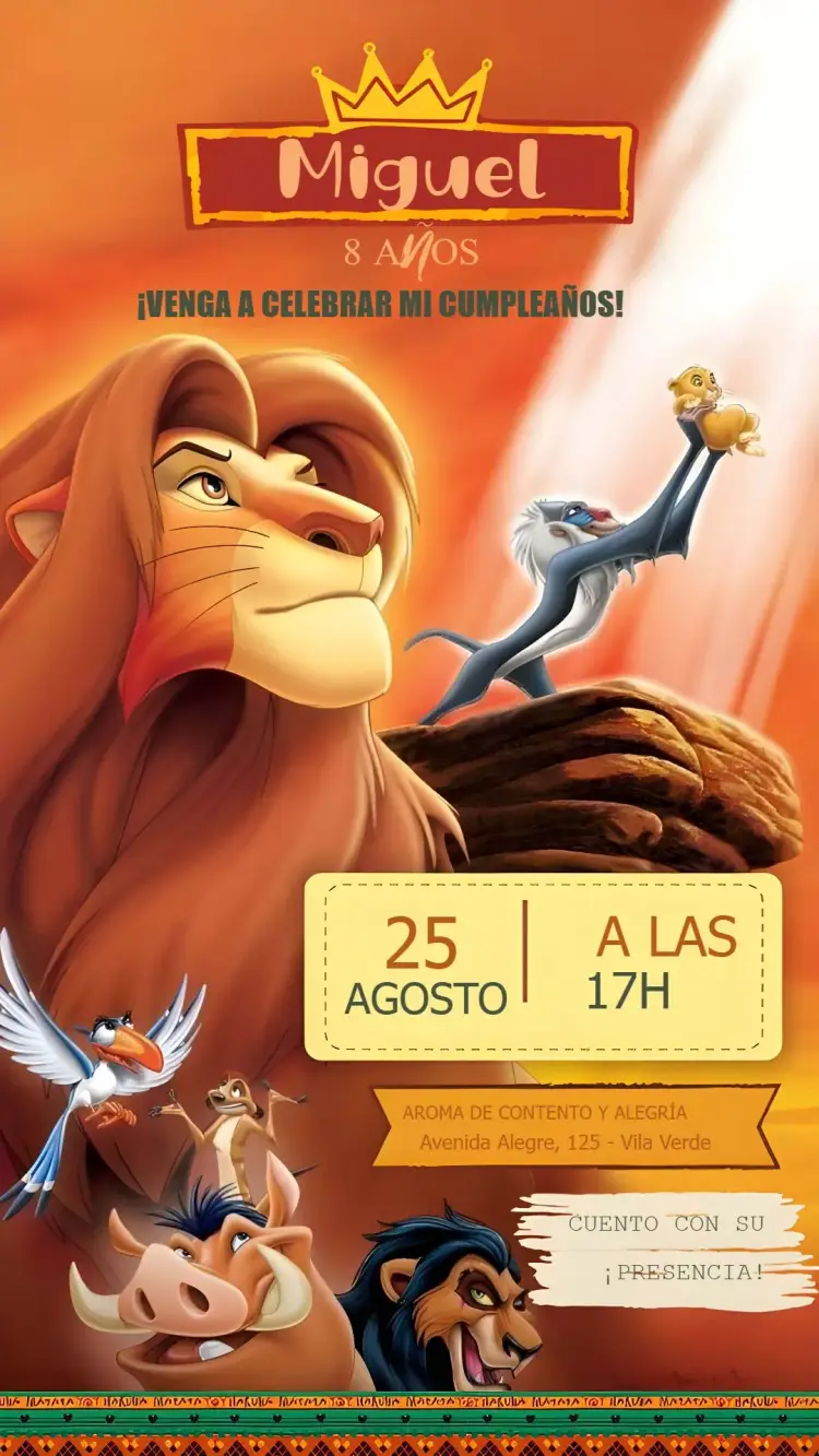 Invitación Rey León Mufasa editable y personalizable
