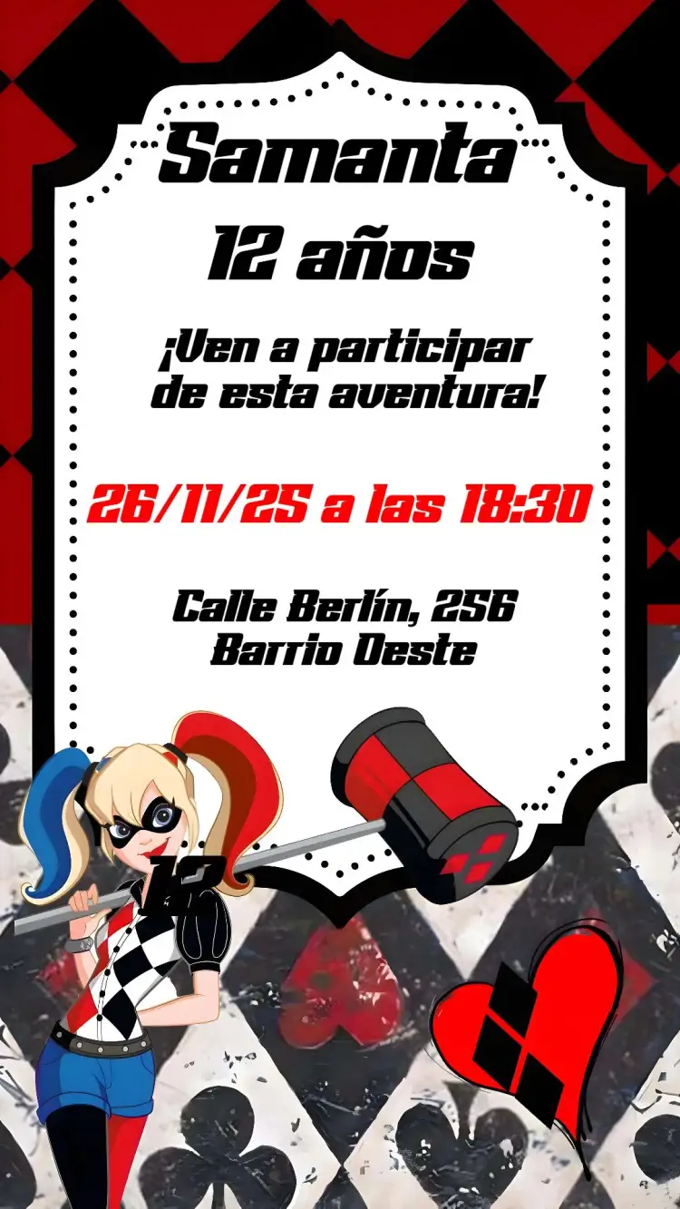 Invitación Harley Quinn – tema Cumpleaños animado, cómics, actual, colorido, temático, divertido