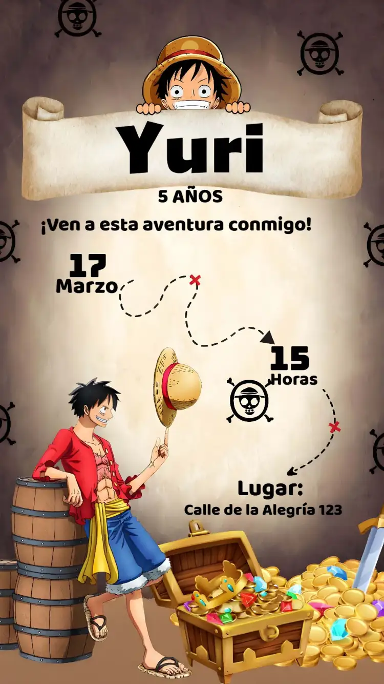 Invitación One Piece Netflix – tema Más buscados colorido, aventura, anime, moderno, divertido