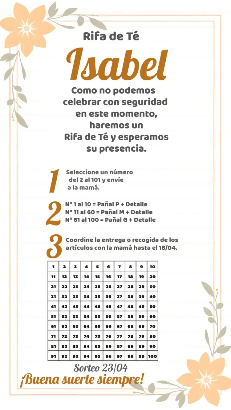 Invitación Té Rifa Floral Cartela – tema Té Rifa floral, delicado, neutro, divertido, colorido