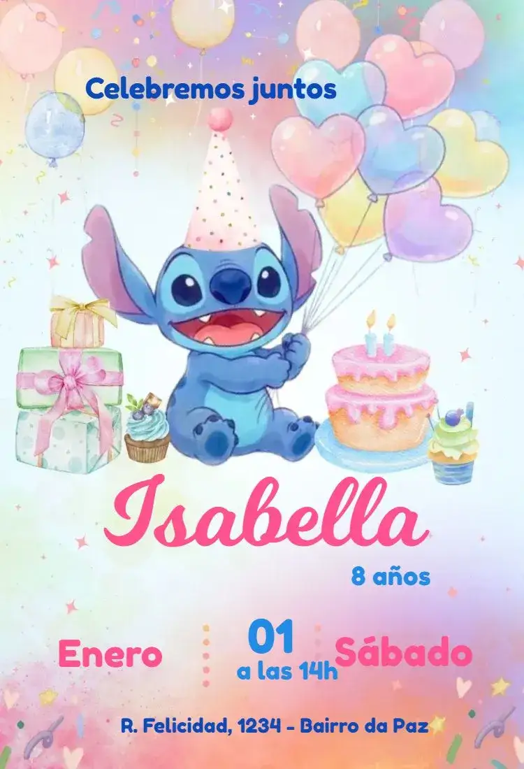 Invitación Globos de Acuarela Stitch – tema Más buscados acuarela, colorido, infantil, temático, divertido, animado