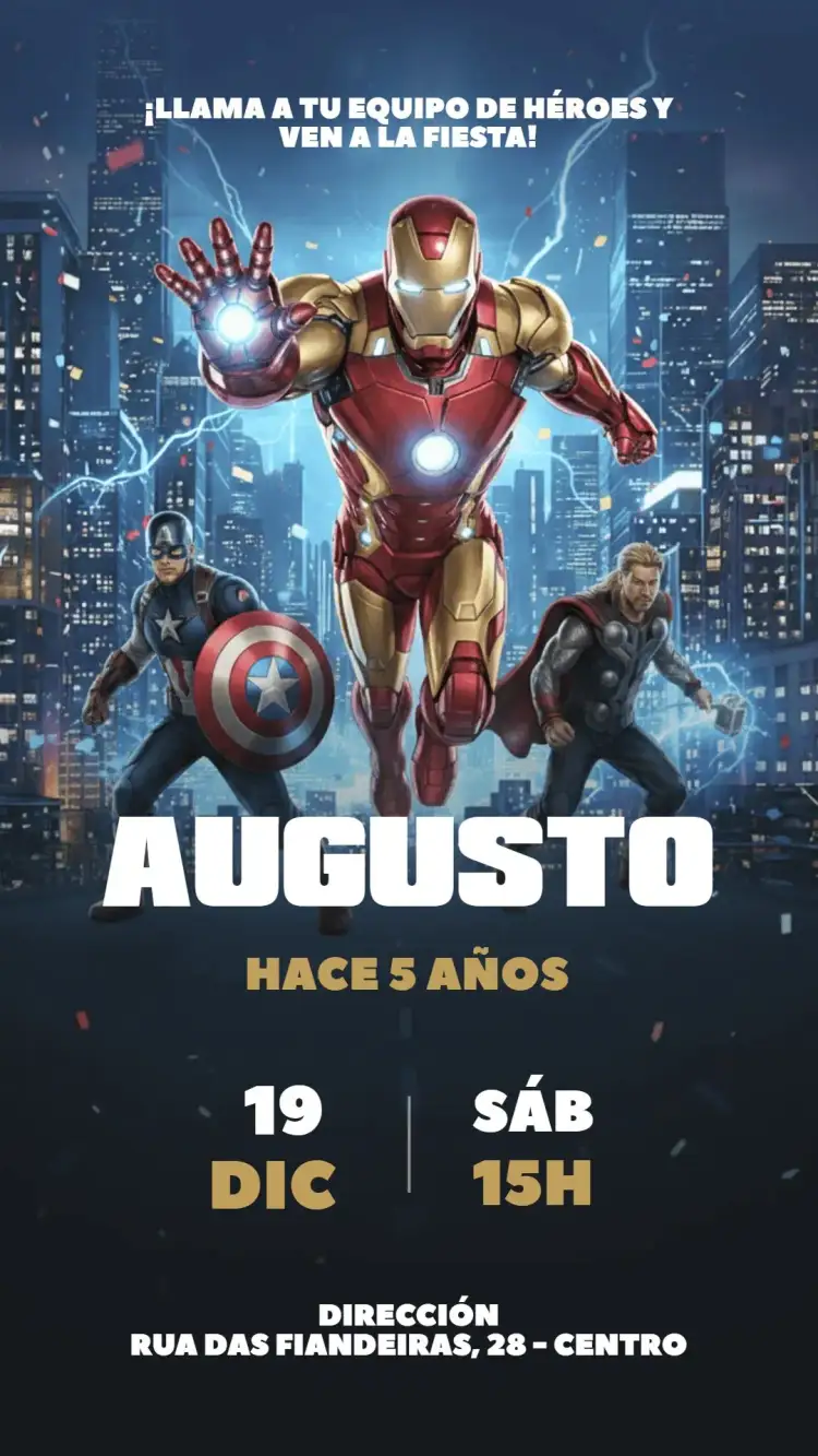 Invitación Invitación Digital Vengadores – tema Cumpleaños Infantil vibrante, superhéroes, aventura, colorido, moderno