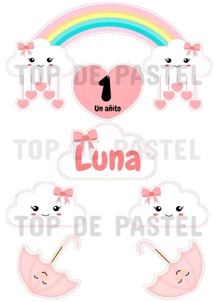 Invitación Topo De Pastel Lluvia Amor Rosa – tema Topper de torta rosa, blanco, nubes, arcoíris, amor, infantil