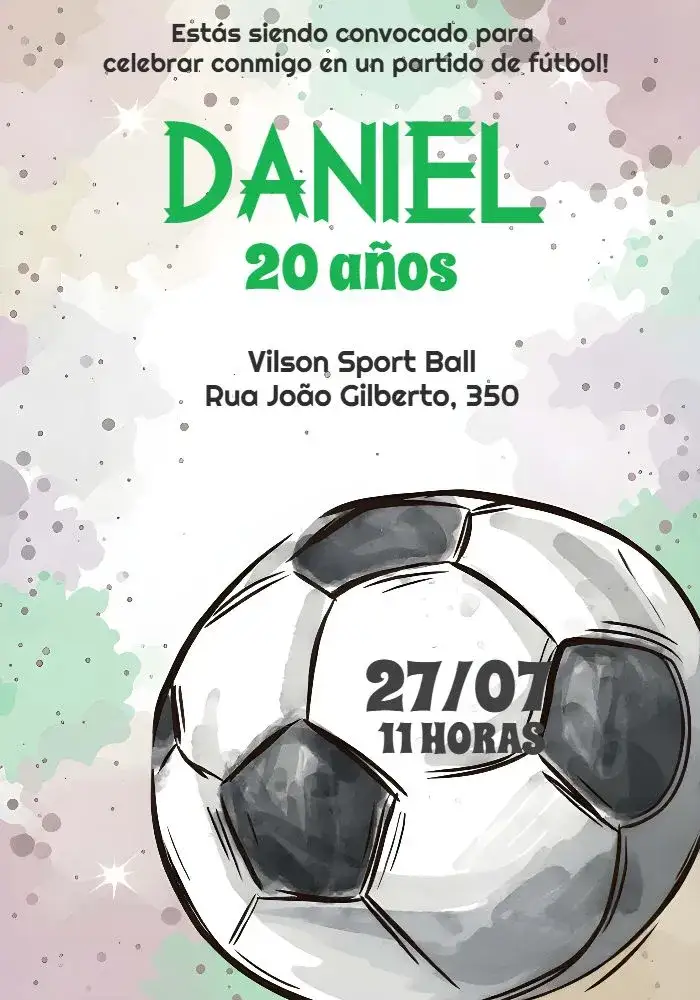 Invitación Fútbol Acuarela Blanco – tema Más buscados acuarela, deportivo, divertido, colorido, moderno, infantil