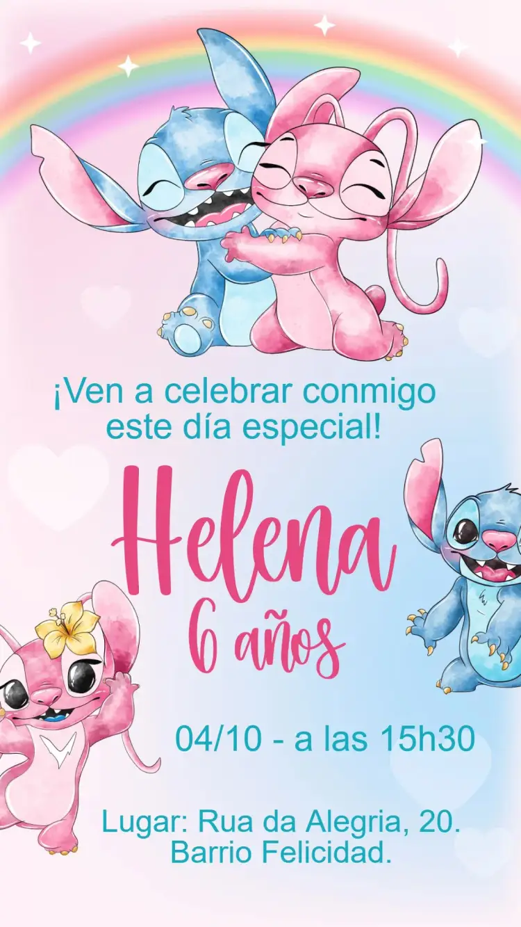 Invitación Cumpleaños de Stitch y Angel