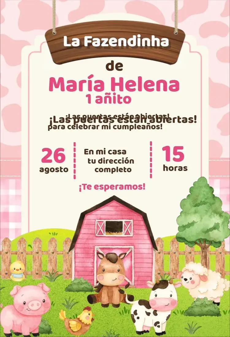 Invitación Granja – tema Cumpleaños Infantil rosa, granja, temática, divertido, colorido, infantil