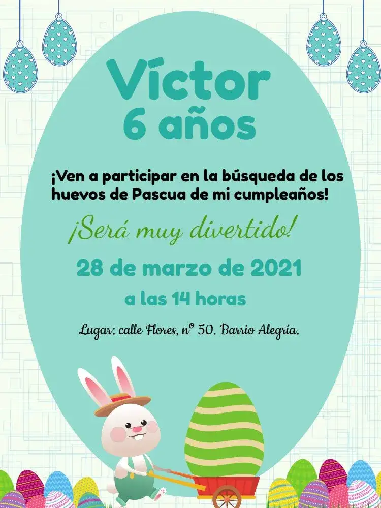 Invitación Pascua Huevitos – tema Fechas Conmemorativas colorido, infantil, lúdico, azul y blanco, conejos, huevitos