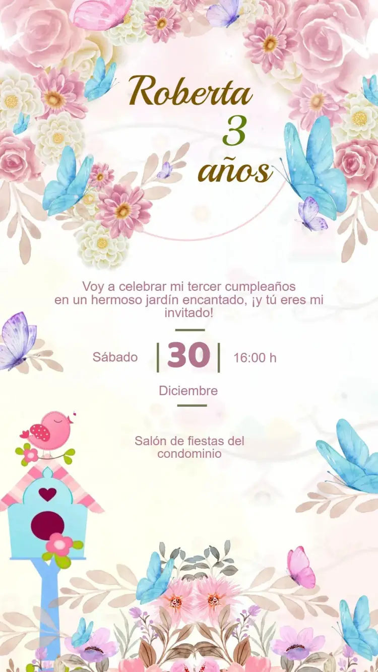 Invitación Cumpleaños JARDÍN DE LAS MARIPOSAS