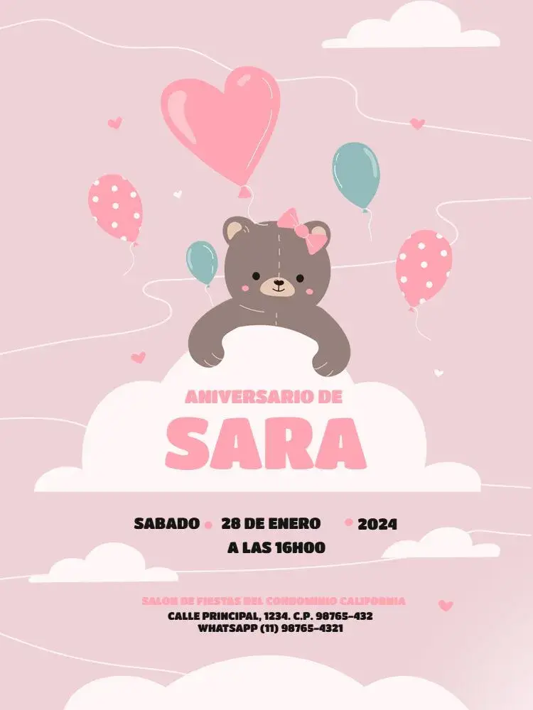 Invitación Infantil Femenino Osita Globo Encuentro
