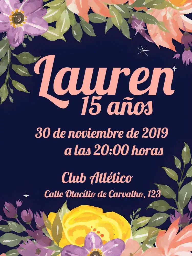 Invitación 15 Años Floral – tema 15 años floral, azul, romántico, moderno, elegante