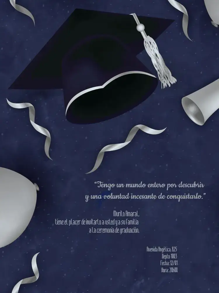 Invitación Graduación Online – tema Graduación azul marino, plata, globos, moderno, elegante, celebración