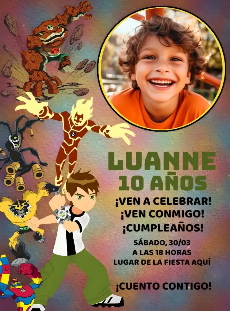Invitación Ben 10 Con Foto Dibujo – tema Cumpleaños Infantil colorido, divertido, temático, animado, jovial