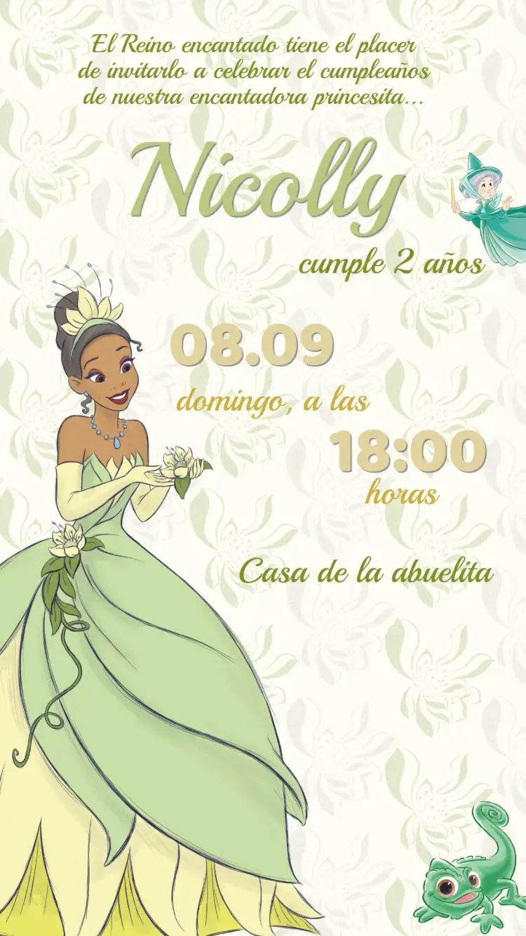 Invitación Invitación Cumpleaños Princesa Tiana y el sapo – tema Cumpleaños Infantil colorido, mágico, floral, infantil, vibrante