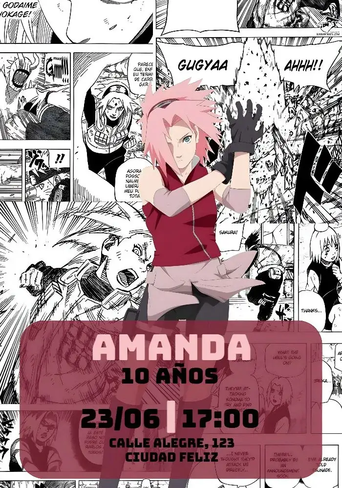 Invitación Naruto Sakura Quadrinhos – tema Cumpleaños Infantil anime, cómics, colores vibrantes, estilo moderno, negro y rosa, divertido