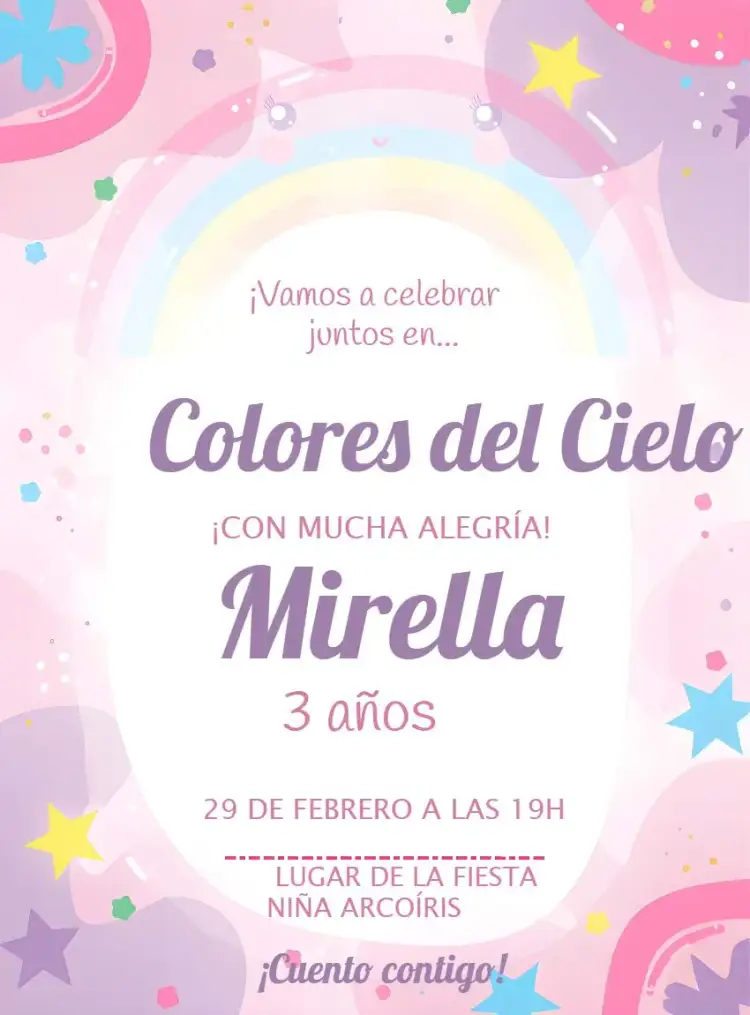 Invitación Arco-iris Chica – tema Más buscados delicado, colorido, infantil, moderno, lúdico, floral