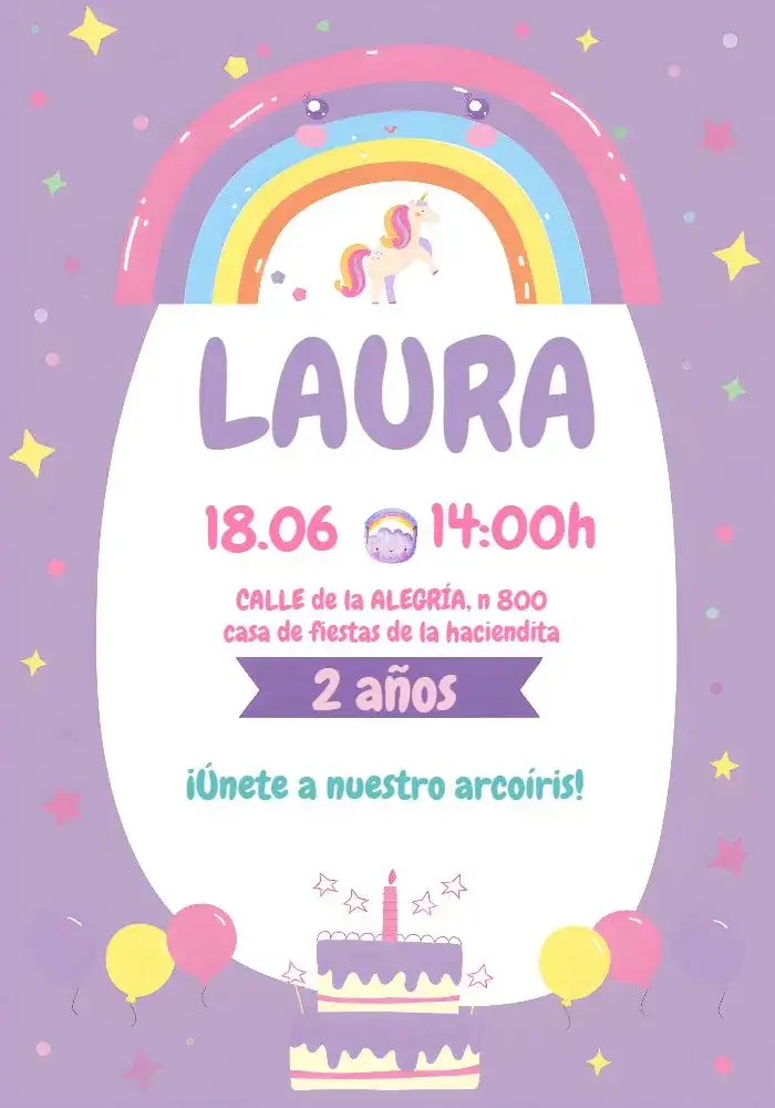 Invitación Arcoíris Infantil – tema Más buscados colorido, lúdico, fantasía, moderno, alegre, infantil