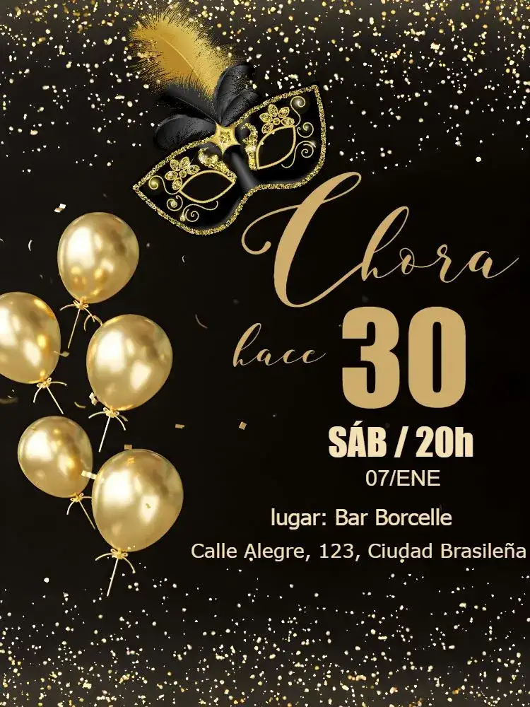 Invitación Carnaval Baile De Máscaras Brilho – tema Fechas Conmemorativas dorado, negro, brillo, carnavalesco, elegante, festivo