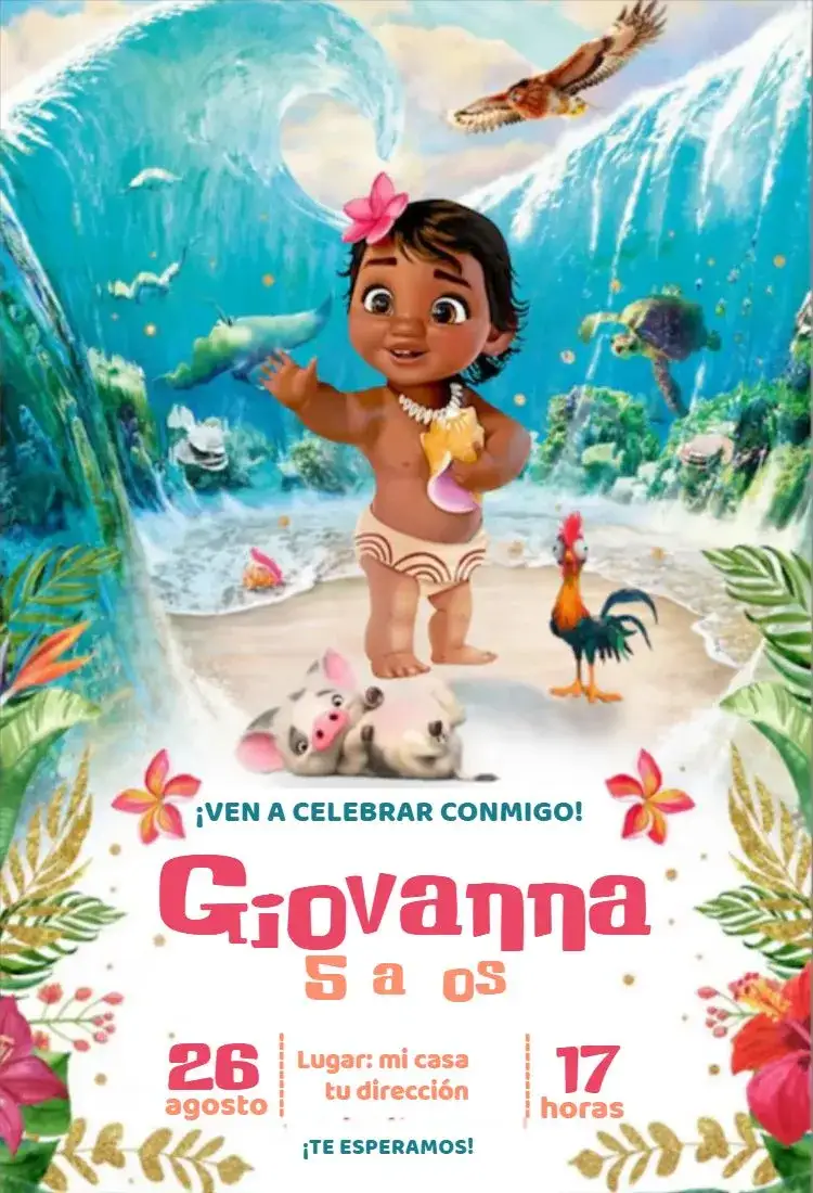 Invitación Moana Baby 2 – tema Cumpleaños Infantil tropical, floral, colorido, marinho, aventura, infantil