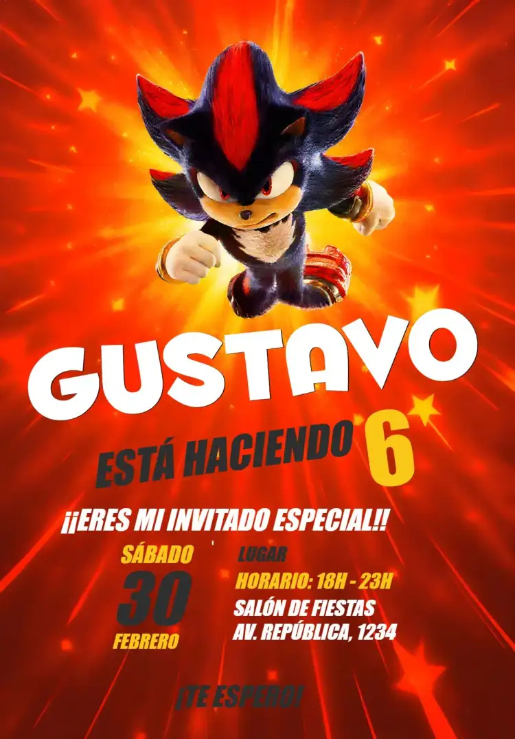 Invitación Sonic 3 Shadow Película – tema Cumpleaños Infantil vibrante, moderno, temático, colorido, animado