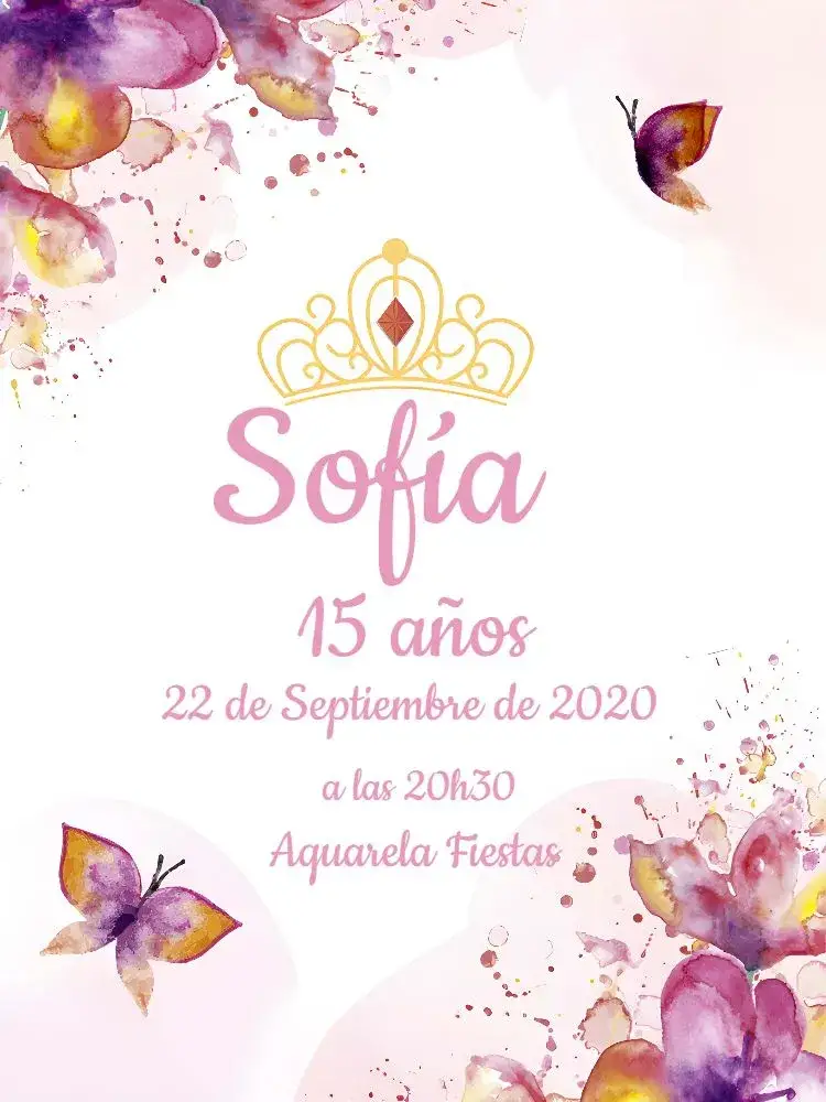 Invitación 15 Años Acuarela - Mariposas Princesa – tema 15 años acuarela, mariposas, princesa, colores suaves, diseño encantador, estilo mágico