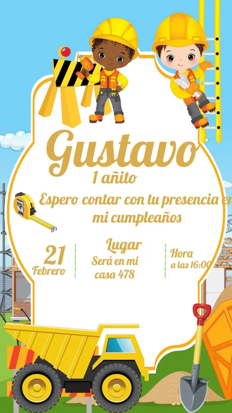 Invitación Constructor de Construcción – tema Té Rifa colorido, infantil, tema de construcción, lúdico, temático